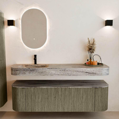 MONDIAZ THOR-DLUX 160cm meuble de salle de bains arrondi gauche + droite couleur Shadow avec 1 tiroir et 2 portes. Vasque suspendue CLOUD Gauche 1 trou de robinet couleur Oza.