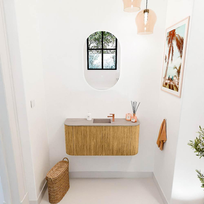Mondiaz JOYA-DLUX 93.2cm toiletmeubel - ronding links en rechts kleur Oak - Wastafel FAYE positie Midden 1 kraangat kleur Saba.