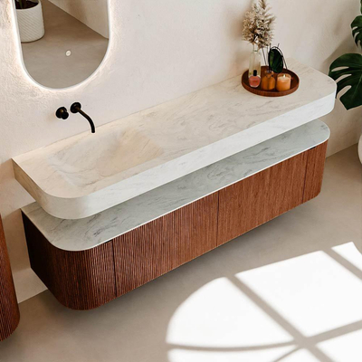 MONDIAZ THOR-DLUX 180cm meuble de salle de bains arrondi gauche + droite couleur Ruby avec 2 tiroirs et 2 portes. Vasque suspendue CLOUD Gauche sans trou de robinet couleur Opalo.