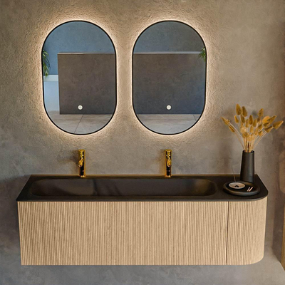 MONDIAZ KURVE 145cm Meuble salle de bain avec module 25 D - couleur Oak - 1 tiroir - 1 porte - vasque BIG LARGE gauche - 2 trous de robinet - Urban