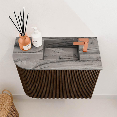 Mondiaz JOYA-DLUX Meuble de salle de bains 51,6cm - arrondi gauche couleur Walnut - Vasque FAYE position droite 1 trou de robinet couleur Sombra.