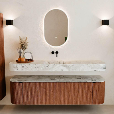 MONDIAZ THOR-DLUX Meuble de salle de bains - 170cm - arrondi gauche + droite - couleur Ruby - 1 tiroir - 2 portes - Vasque suspendue CLOUD Milieu sans trou de robinet - couleur Glace