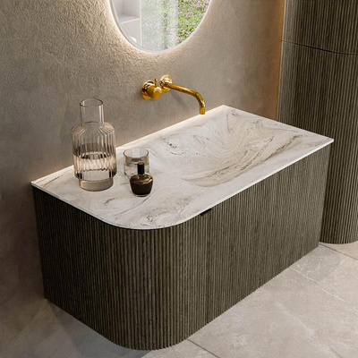 Mondiaz KURVE-DLUX Badkamermeubelset - 85x46x40cm - 1 lade - 1 deur - wastafel solid surface - rechts - zonder kraangat - Shadow