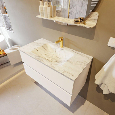 Mondiaz VICA-DLUX ensemble de meuble de salle de bain - 90cm - meuble sous lavabo talc - 2 tiroirs - lavabo encastré cloud milieu - 1 trou de robinet - version haute de 60cm - glace