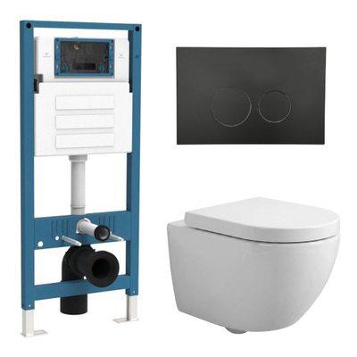 QeramiQ Dely Swirl Ensemble de toilettes Compact - réservoir encastré QeramiQ flush - abattant 25 mm - plaque de commande en plastique noir mat - boutons ronds - blanc brillant