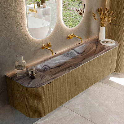 MONDIAZ KURVE-DLUX Meuble de salle de bains 170cm arrondi Gauche + Droite couleur Dusk avec 1 tiroir et 2 portes. Lavabo BIG LARGE Central sans trou de robinet Sombra.