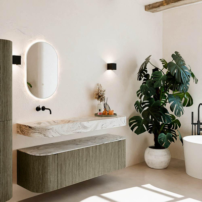 MONDIAZ THOR-DLUX 150cm meuble de salle de bains arrondi gauche + droite couleur Shadow avec 1 tiroir et 2 portes. Vasque suspendue CLOUD Gauche sans trou de robinet couleur Glace.