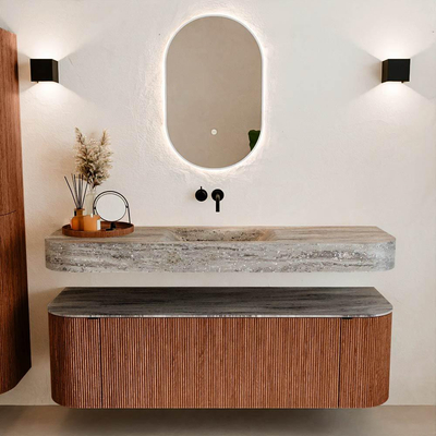 MONDIAZ THOR-DLUX 150cm badmeubel ronding links + rechts kleur Ruby met 1 lade en 2 deuren. Vrijhangende wastafel CLOUD Midden zonder kraangat kleur Oza.