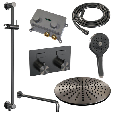 BRAUER Gunmetal Edition opbouw regendoucheset – Ø30 cm hoofddouche – 39.9 cm gebogen wandarm – ronde handdouche – met omstel