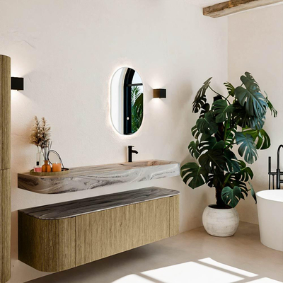 MONDIAZ THOR-DLUX 160cm meuble de salle de bains arrondi gauche + droite couleur Dusk avec 1 tiroir et 2 portes. Vasque suspendue CLOUD Droite 1 trou de robinet couleur Sombra.