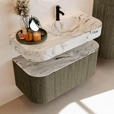 MONDIAZ THOR-DLUX 100cm meuble de salle de bains arrondi gauche + droite couleur Shadow avec 1 tiroir et 2 portes. Vasque suspendue CLOUD Droite 1 trou de robinet couleur Glace.