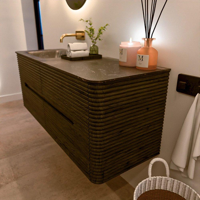 Mondiaz CIRO-DLUX Ensemble de meubles de salle de bains - 130x45x50cm - lavabo en solid surface Lava - 1 vasque à gauche - sans trous de robinet - 4 tiroirs - Shadow