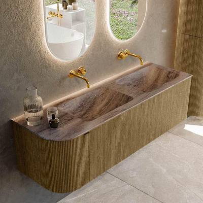 MONDIAZ KURVE-DLUX meuble de salle de bains 145cm arrondi gauche couleur Dusk avec 1 tiroir et 1 porte. Lavabo LEAF double / droit sans trou de robinet Oza.