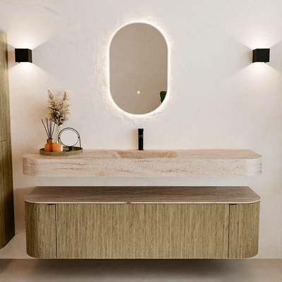 MONDIAZ THOR-DLUX Meuble de salle de bains 170cm arrondi gauche + droite couleur Dusk avec 1 tiroir et 2 portes. Vasque suspendue CLOUD Milieu 1 trou de robinet couleur Saba.