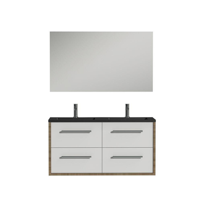 Tiger Boston Ensemble meuble de salle de bains 120cm Chêne chalet / Blanc brillant avec miroir. Vasque en polybéton noir mat et poignées chromées