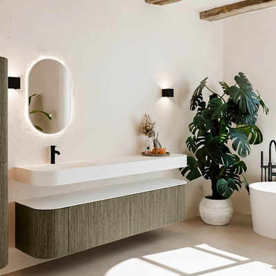 MONDIAZ THOR Meuble de salle de bains 190cm arrondi gauche + droite couleur Shadow avec 2 tiroirs et 2 portes. Vasque suspendue CLOUD Gauche 1 trou de robinet couleur Talc.