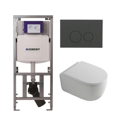 QeramiQ Dely Swirl Toiletset - 36.3x51.7cm - Geberit UP320 inbouwreservoir - met Burda frame - 35mm zitting - bedieningsplaat mat antraciet - ronde knoppen - wit mat