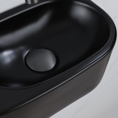 QeramiQ Fuente Ensemble de Lavabo - 40x21.5x12cm - lisse - demi-rond - céramique - ensemble de robinet gunmetal - bouchon de vidange - siphon abaissé - noir mat