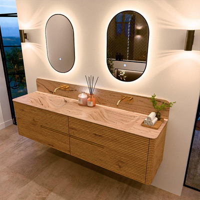 Mondiaz CIRO-DLUX Ensemble de meubles de salle de bains - 190x45x50cm - Plan-vasque solid surface Arena - 2 vasques Double - sans trous de robinetterie - 4 tiroirs - Chêne