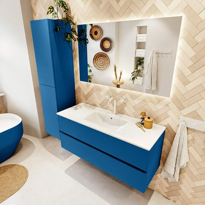 Mondiaz VICA ensemble de meuble de salle de bain - 120cm - meuble sous-vasque jeans - 2 tiroirs - lavabo denia milieu - 1 trou de robinet - couleur Blanc Brillant - miroir LED - version XL 60cm haut