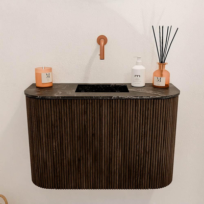 Mondiaz JOYA-DLUX 63.2cm toiletmeubel - ronding links en rechts kleur Walnut - Wastafel FAYE positie Midden Zonder kraangat kleur Lava.