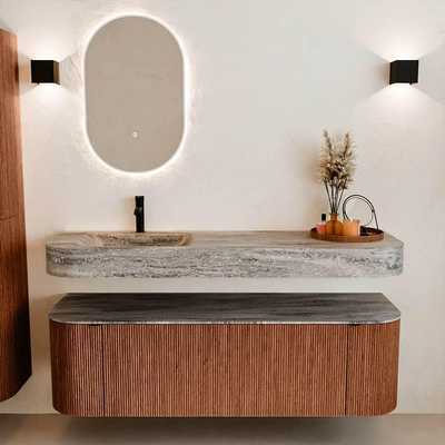 MONDIAZ THOR-DLUX 150cm meuble de salle de bains arrondi gauche + droite couleur Ruby avec 1 tiroir et 2 portes. Vasque suspendue CLOUD Gauche 1 trou de robinet couleur Oza.