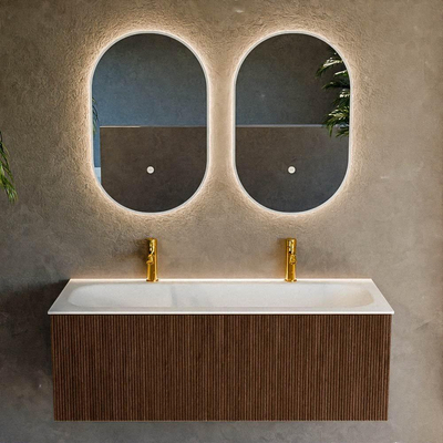 MONDIAZ KURVE 120cm badmeubel kleur Walnut met 1 lade. Wastafel BIG LARGE midden 2 kraangaten Talc.