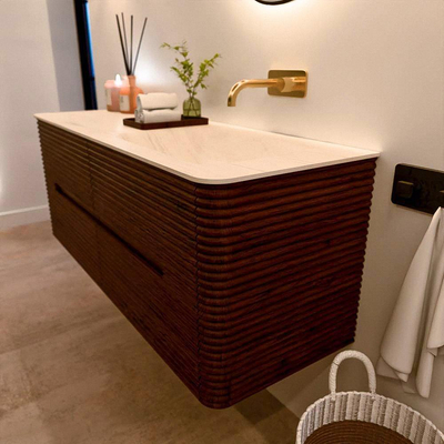 Mondiaz CIRO-DLUX Meuble de salle de bains - 130x45x50cm - Vasque en solid surface Meli - 1 vasque à droite - sans trous de robinetterie - 4 tiroirs - Ruby