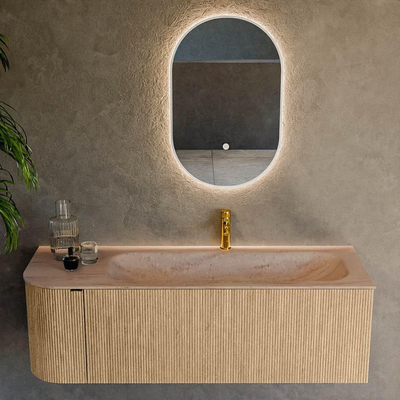MONDIAZ KURVE-DLUX meuble de salle de bains 135cm arrondi à gauche couleur chêne avec 1 tiroir et 1 porte. Lavabo BIG MEDIUM à droite 1 trou de robinet Saba.