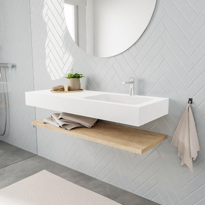 MONDIAZ ALAN 120cm - Ensemble meuble de salle de bains - tablette - chêne blanchi - lavabo suspendu - vasque à droite - 1 trou de robinet - talc