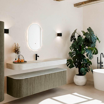 MONDIAZ THOR-DLUX 170cm meuble de salle de bains arrondi gauche + droite couleur Shadow avec 1 tiroir et 2 portes. Vasque suspendue CLOUD Milieu 1 trou de robinet couleur Opalo.