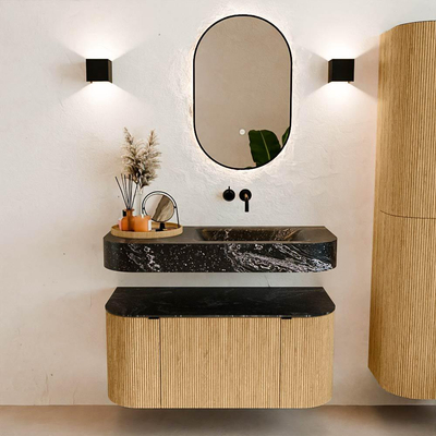 MONDIAZ THOR-DLUX 100cm meuble de salle de bains arrondi gauche + droite couleur Chêne avec 1 tiroir et 2 portes. Vasque suspendue CLOUD Droite sans trou de robinet couleur Lava.