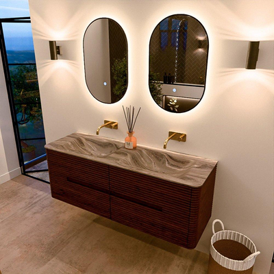 Mondiaz CIRO-DLUX Badkamermeubelset - 140x45x50cm - Solid surface wastafel Sombra - 2 wasbak Dubbel - zonder kraangaten - 4 lades - Ruby