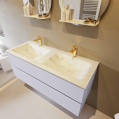 Mondiaz VICA-DLUX Ensemble de meuble de salle de bain - 120cm - meuble sous-vasque cale - 2 tiroirs - lavabo encastré cloud double - 2 trous de robinet - version haute de 60cm - opalo