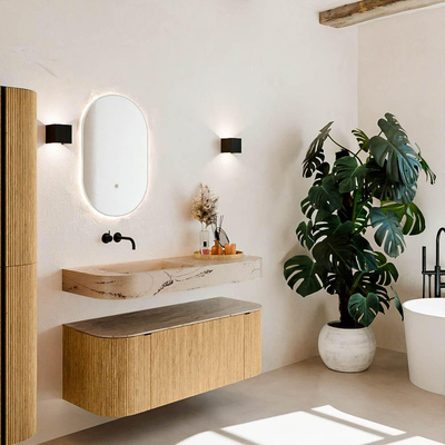 MONDIAZ THOR-DLUX 120cm badmeubel ronding links + rechts kleur Oak met 1 lade en 2 deuren. Vrijhangende wastafel CLOUD Links zonder kraangat kleur Arena.