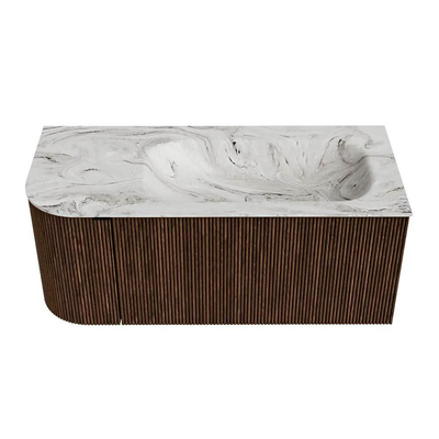 MONDIAZ KURVE-DLUX Meuble de salle de bains 105 cm avec module 25 L couleur Walnut avec 1 tiroir et 1 porte. Lavabo BIG SMALL à droite sans trou de robinet couleur Glace.