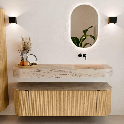 MONDIAZ THOR-DLUX 150cm badmeubel ronding links + rechts kleur Oak met 1 lade en 2 deuren. Vrijhangende wastafel CLOUD Rechts zonder kraangat kleur Arena.