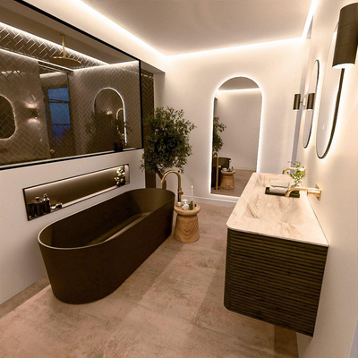 Mondiaz CIRO-DLUX Meuble de salle de bains - 160x45x50cm - Plan vasque Solid surface Frappe - 2 vasques Double - sans trous de robinet - 4 tiroirs - Shadow