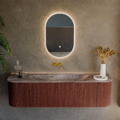 MONDIAZ KURVE-DLUX Meuble de salle de bains 160cm arrondi gauche + droite couleur Ruby avec 1 tiroir et 2 portes. Plan-vasque BIG MEDIUM central sans trou de robinet Oza.