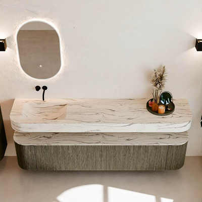 MONDIAZ THOR-DLUX 200cm meuble de salle de bains arrondi gauche + droite couleur Shadow avec 2 tiroirs et 2 portes. Vasque suspendue CLOUD Gauche sans trou de robinet couleur Nata.