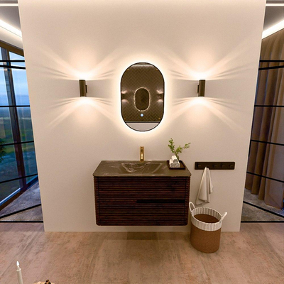 Mondiaz CIRO-DLUX Meuble de salle de bains - 90x45x50cm - Lavabo solid surface Lava - 1 vasque au milieu - 1 trou de robinet - 2 tiroirs - Noyer