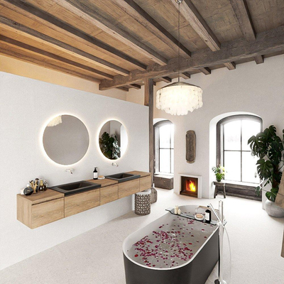 MONDIAZ BUKLA 240cm ensemble de meuble avec module 40 couleur Chêne blanchi avec 5 tiroirs. Lavabo CLOUD double 0 trou de robinet couleur Urbaine.