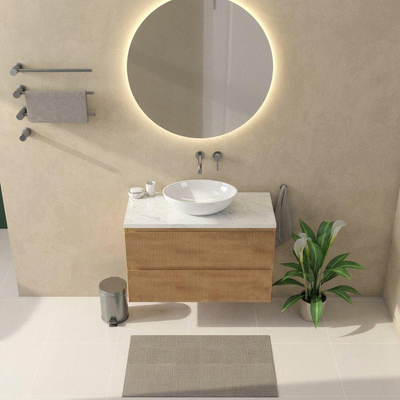 Saniclass Holz Atelier Ensemble meuble de salle de bains - 100x45x63cm - Plan vasque en marbre Dia poli (blanc) - sans trou de robinetterie - 2 tiroirs - chêne natural mat (bois)