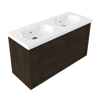 Saniclass Holz Frame Ensemble meuble de salle de bains - 120x45x63.5cm - lavabo en céramique Palermo blanc - 2 vasques - sans trous de robinetterie - 2 tiroirs - chêne charcoal mat (bois)
