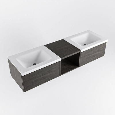 MONDIAZ BUKLA 160cm meuble de salle de bain avec module ouvert 40 couleur Marron foncé avec 2 tiroirs. Lavabo CLOUD double 0 trou de robinet couleur Talc.