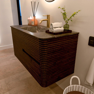 Mondiaz CIRO-DLUX Badkamermeubelset - 100x45x50cm - Solid surface wastafel Lava - 1 wasbak Midden - 1 kraangat - 2 lades - Walnut