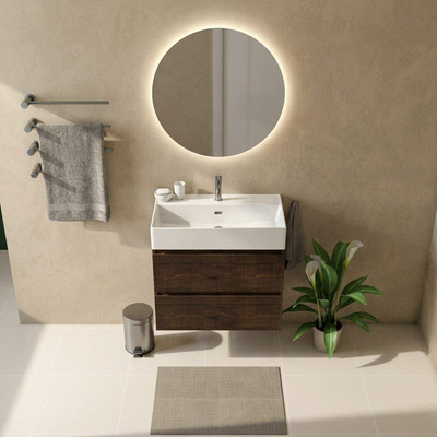 Saniclass Holz Atelier Ensemble meuble de salle de bains - 80x45x72cm - lavabo Legend en céramique blanc - 1 vasque - 1 trou de robinetterie - 2 tiroirs - chêne charcoal mat (bois)