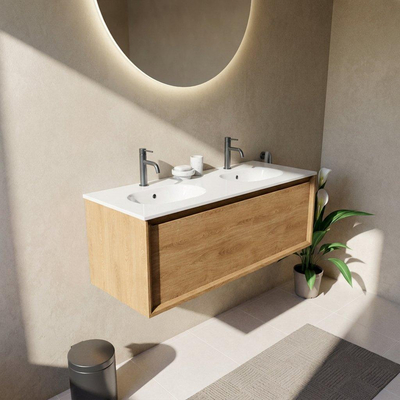 Saniclass Holz Frame Ensemble meuble de salle de bains - 120x45x54cm - lavabo Chaci en céramique blanc - 2 vasques - 2 trous de robinetterie - 1 tiroir - chêne natural mat (bois)