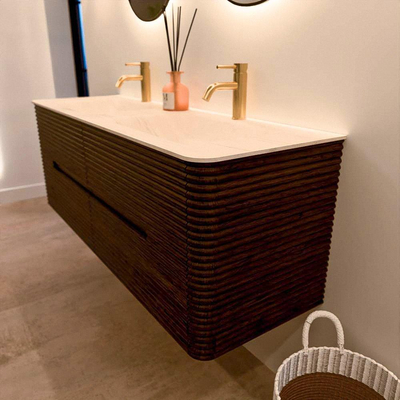 Mondiaz CIRO-DLUX Badkamermeubelset - 140x45x50cm - Solid surface wastafel Meli - 2 wasbak Dubbel - 2 kraangaten - 4 lades - Walnut