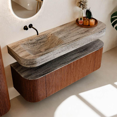 MONDIAZ THOR-DLUX 140cm meuble de salle de bains arrondi gauche + droite couleur Ruby avec 1 tiroir et 2 portes. Vasque suspendue CLOUD Gauche sans trou de robinet couleur Oza.